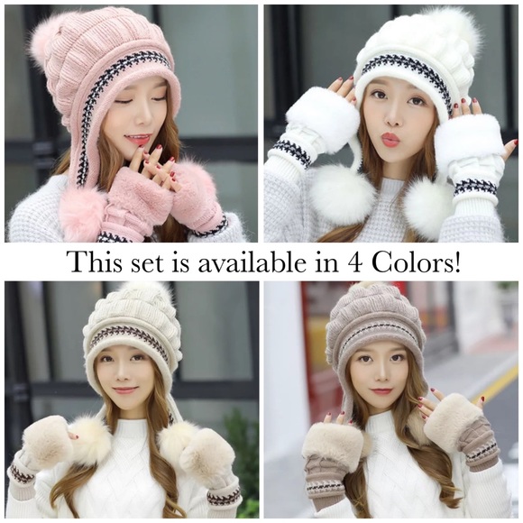 Chic Pink Fleece Lined Beanie with Fur Pom Poms & Fingerless Gloves - Picture 6 of 16